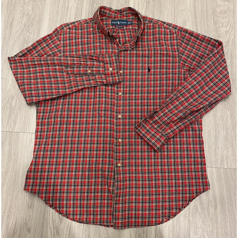 Vintage Ralph Lauren Shirt Mens Large Red Plaid Custom Fit Cotton XL